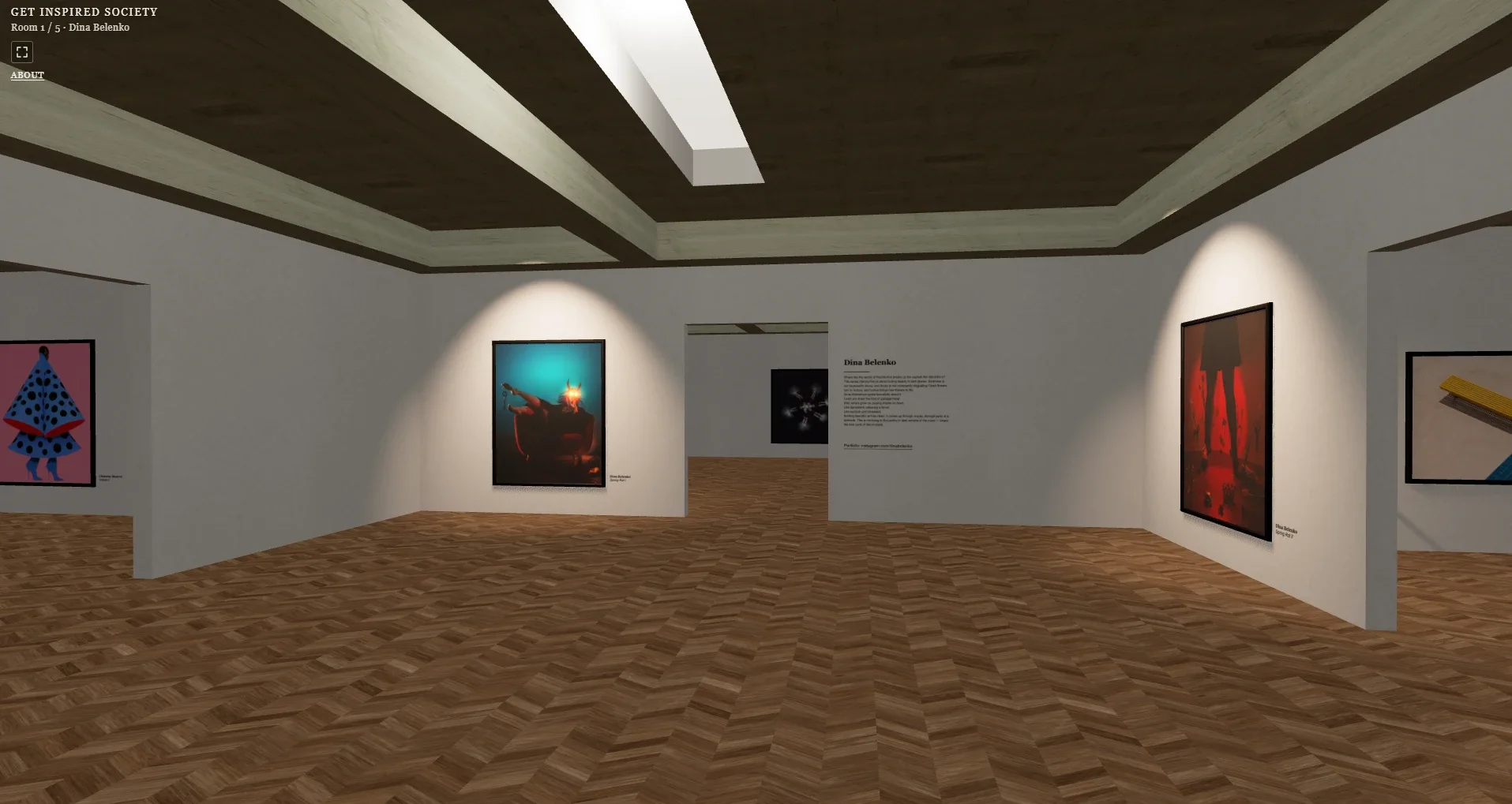 The Bloom exhibition room, with works by Dina Belenko on the walls.